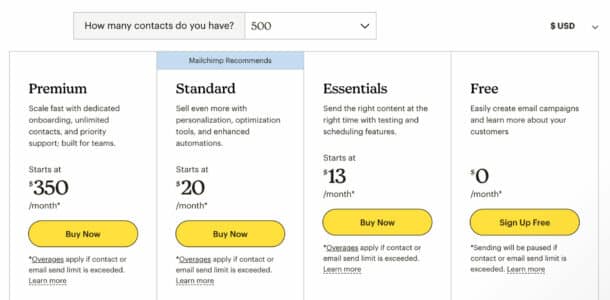 Mailchimp subscription pricing model example